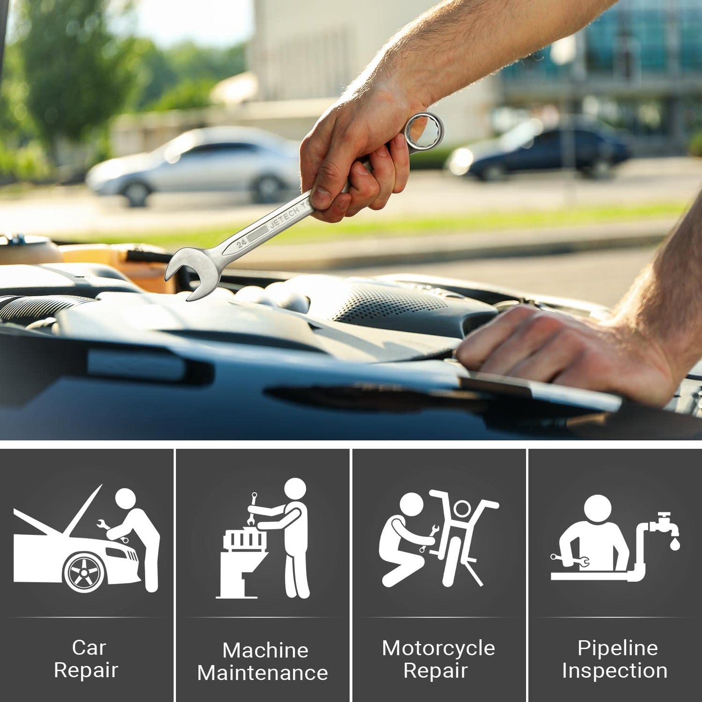 Jetech 24mm Metric Combination Wrench - Premium Industrial Grade Spanner: 12-Point Box End, 15-Degree Offset, Durable Chrome Vanadium Steel, Sand Blasted Finish