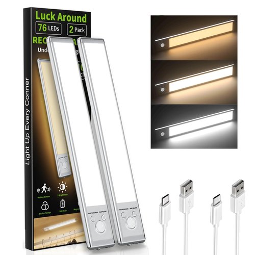 Under Cabinet Lighting, 2 Pack Motion Sensor Light Indoor, 76 LED USB Rechargeable Battery Operated, 3 Levels Dimmable Magnetic Closet Lights, Wireless Under Counter Lights for Kitchen Stairs Hallway