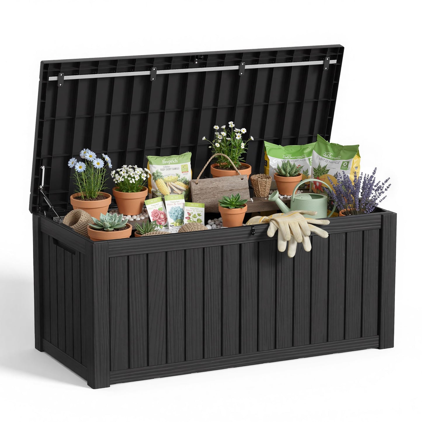 MAIUSCOLI 150 Gallon Outdoor Storage Box Waterproof Outside Resin Deck Box, Lockable Storage Bin for Patio Furniture,Garden Tools,Cushions,Pool Accessories(Black)