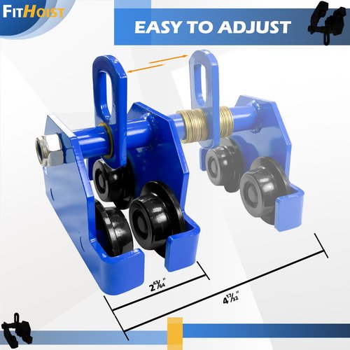 FITHOIST Manually Trolley 1/2 Ton | 1100LBS Capacity Steel Push Beam Trolley | Adjustable for I-Beam Flange Width 2.7" to 4.5" | Installed onto Various Beams