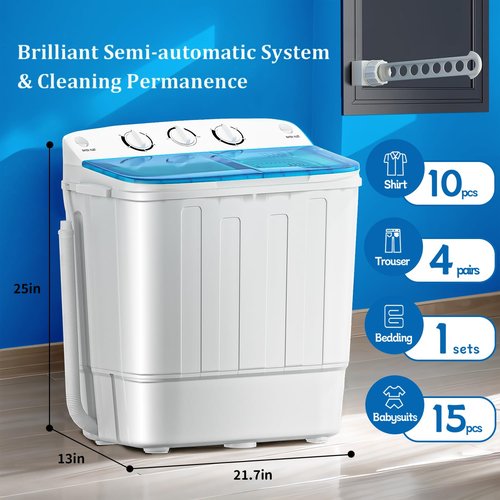 Erivess Compact Mini Twin Tub 18lbs Washing Machine with Drying Rack, 11 lbs Washer Mini Compact Laundry Machine and 7 lbs Spinner, Convenient and Efficient for Dorms, Apartment (Blue)