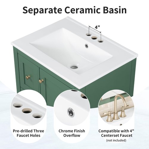 Polibi 24in Bathroom Vanity with Ceramic Sink,Bathroom Cabinet with Two Drawers,Adjustable Shelf and Removable Dividers Drawer,MDF & Rubberwood, Compact Storage for Small Bathrooms (Dark Green)