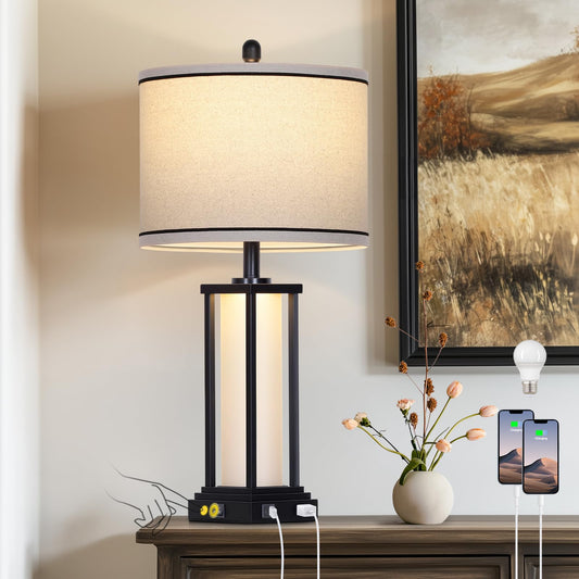 Cinkeda 27" Tall Vintage Table Lamp with USB C+A & Outlet,Black Industrial End Table Lamp for Living Room,Farmhouse Rustic Bedside Lamp with Frosted Glass Night Light for Bedroom Nightstand,Black-1P