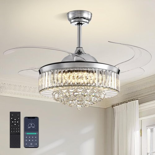 CROSSIO 48 Inch Crystal Chandelier Ceiling Fan with Light Modern Chandelier Ceiling Fan with Retractable Blades Crystal Fandelier with Remote Control 48" Chrome Fandelier for Bedroom Living Room