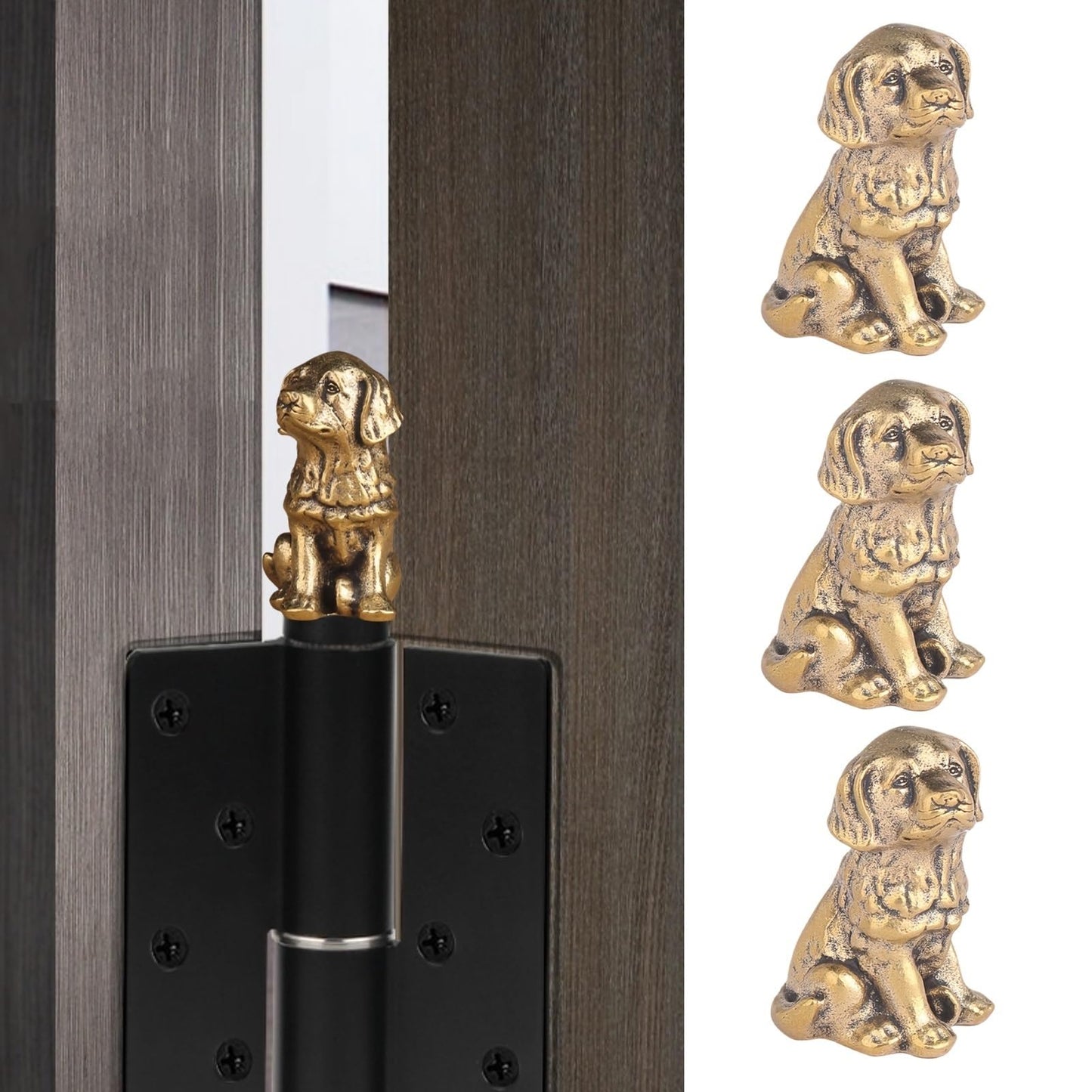 3pcs Brass Dog Hinge Heads Decorative Topper Set Good Luck Puppy, Pure Copper Animal Hinge Heads Decorative Topper