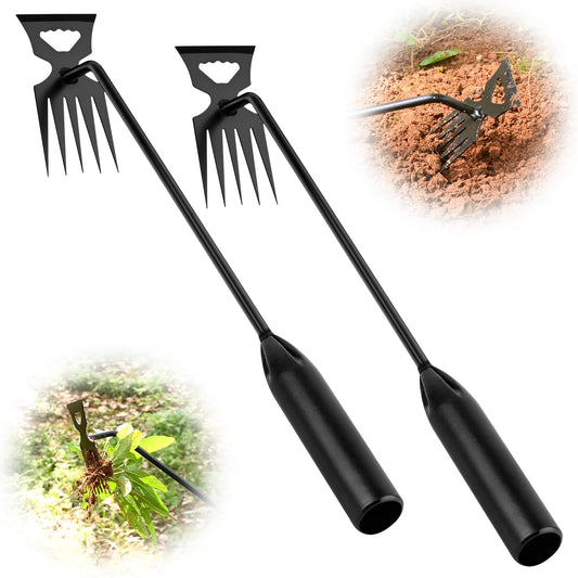 BokingOne Weed Puller Tool Garden Weed Pulling Tool, 4-Tine Manganese Steel Weeder Tool - Black Coated Forged Portable Garden Hand Weeder for Farm, Orchard & Garden (2Pack)