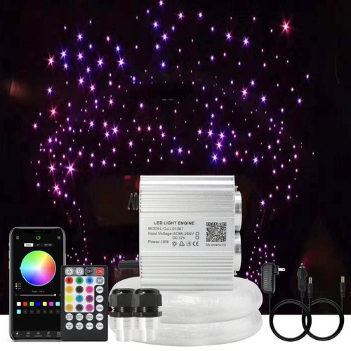 AKEPO Upgraded 16W Dual Head Twinkle Fiber Optic Lights Kit with 750pcs of Mixed Diameter Fibers 9.8ft/3m+Remote, Car Home Use RGBW Twinkle+APP Control+Music Activated Star Ceiling Sky Light