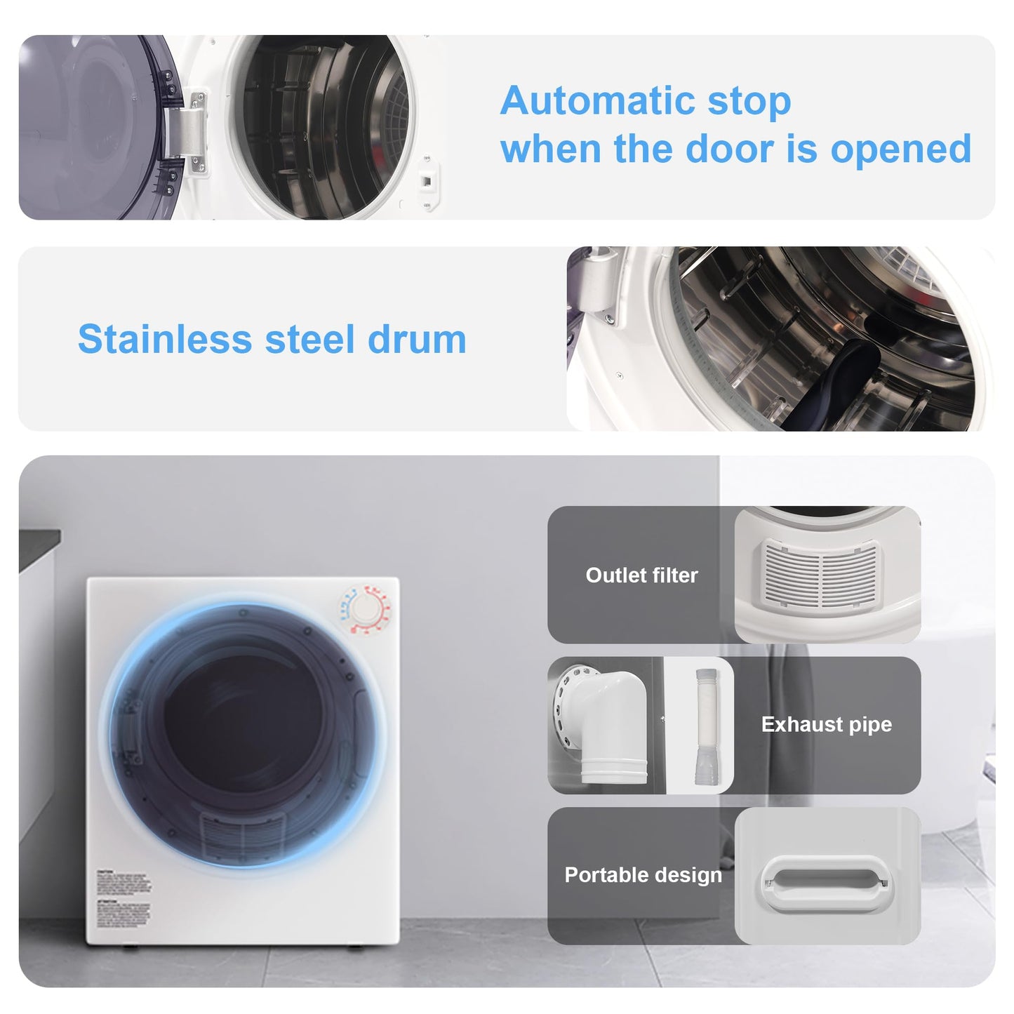 Elevon 800W Portable Clothes Dryer, 2.6 cu.ft Electric Drying Machine for Laundry with Stainless Steel Tub for Apartment, Rvs, Dorms, Compact Dryer for Small Space, White