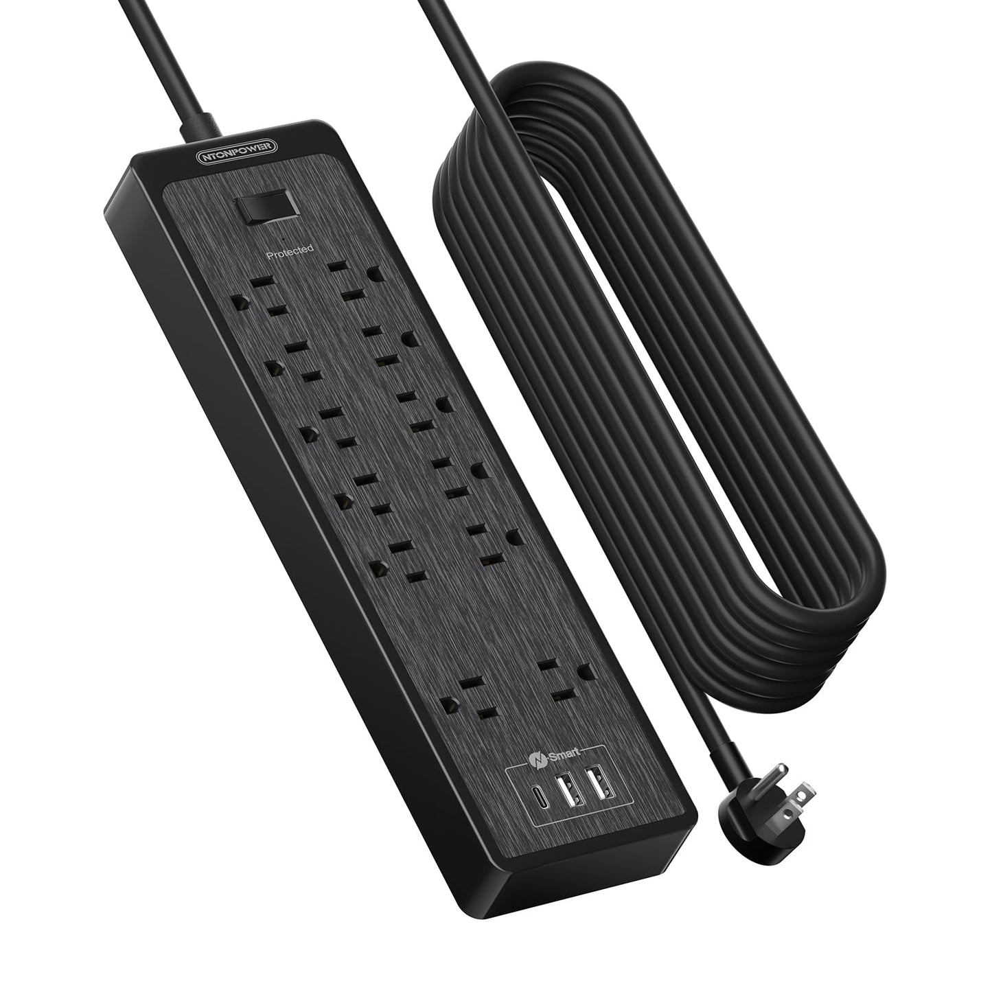 NTONPOWER 25 Ft Extension Cord Flat Plug, 12 Outlets(2 Widely Space) 3 USB with 2100J Power Strip, Overload Protection, 1875W/15A, Wall Mount for Home Office, Workbench or Garage,Black