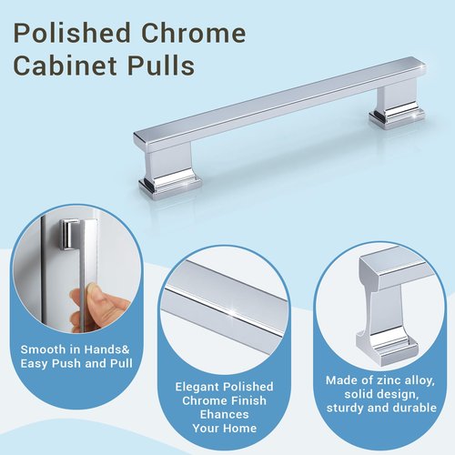KNOBWELL 10 Pack Polished Chrome Solid Cabinet Pulls 5 Inch(128mm) Hole Center Kitchen Cabinet Handles,Cabinet Hardware for Cupboard Drawer Pulls