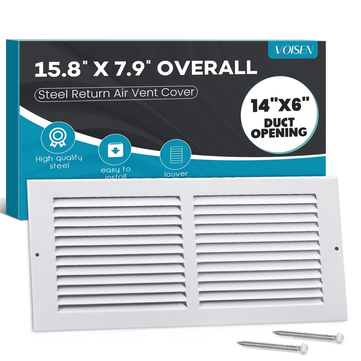 VOISEN Return Air Grille,Fits 14x6 Duct Opening,Steel Return Vent Cover, White Vent Cover Grill for Sidewall and Ceiling,HAVC Cold Air Return Vent Cover,Overall Size:15.8"W X 7.9"H