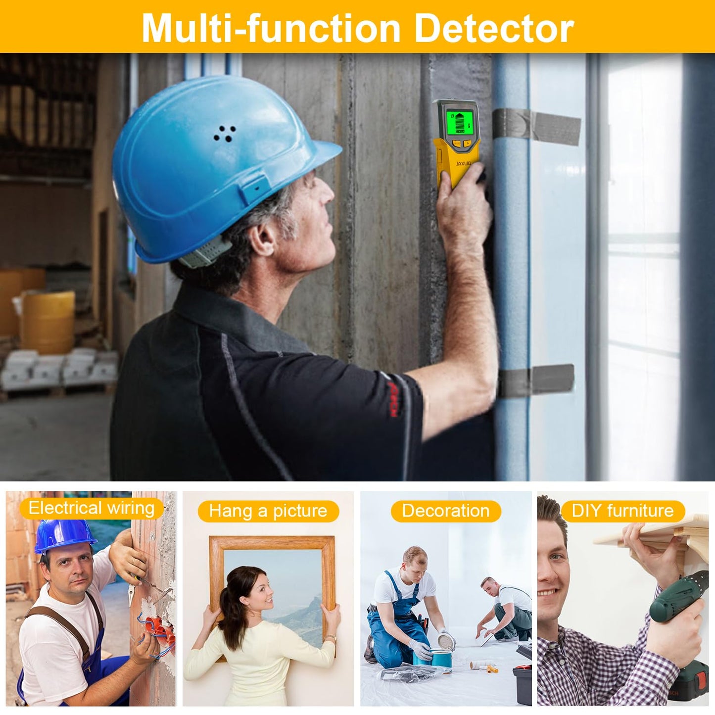 Stud Finder Wall Scanner - 5 in 1 Stud Finder Tool w/Smart Chip and HD LCD Display, Stud Detector Beam Finders for the Center and Edge of Wood AC Wire Metal Studs Joist Pipe (Yellow Feathers)