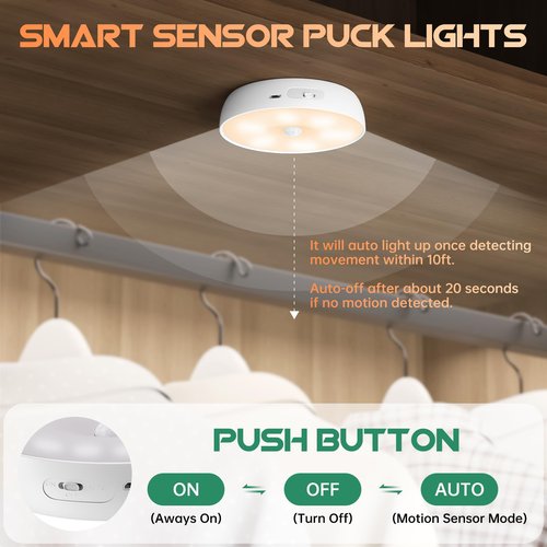 Warm Color LED Closet Lights Wireless Motion Sensor Step Light, USB Rechargeable Battery Operated Puck Lights with Remote, Dimmable Under Cabinet Counter Lighting for Wardrobe Kitchen (6 Pack)