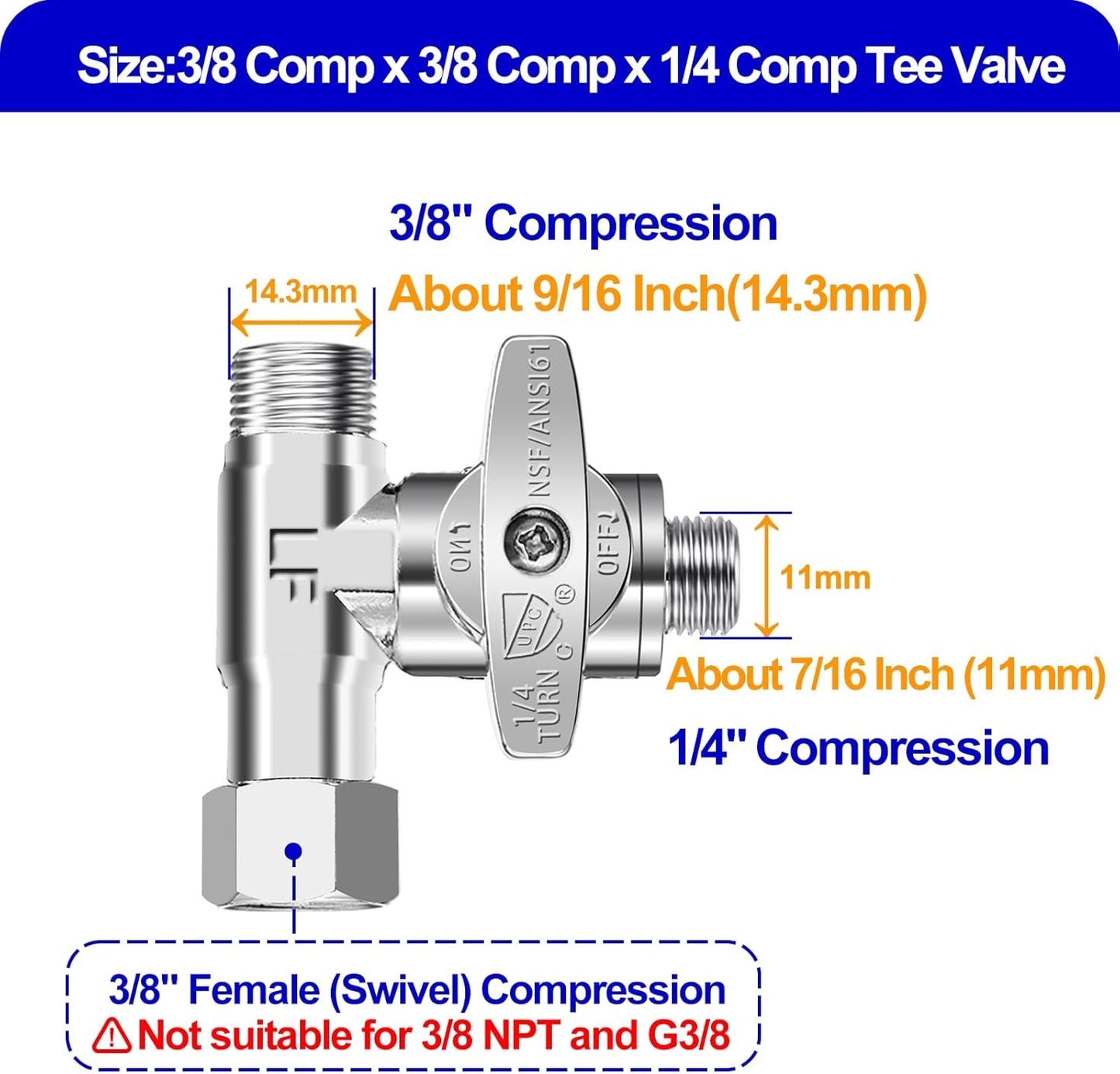 Tee Stop Valve - Lead-Free Add-A-Tee Valve 3/8 Inch x 3/8 Inch x 3/8 Inch,1/4 Turn Brass Extender Tee Connector with Built-in Sealing Gasket for Faucet,Glass Rinser,Dishwasher,Washing Machine