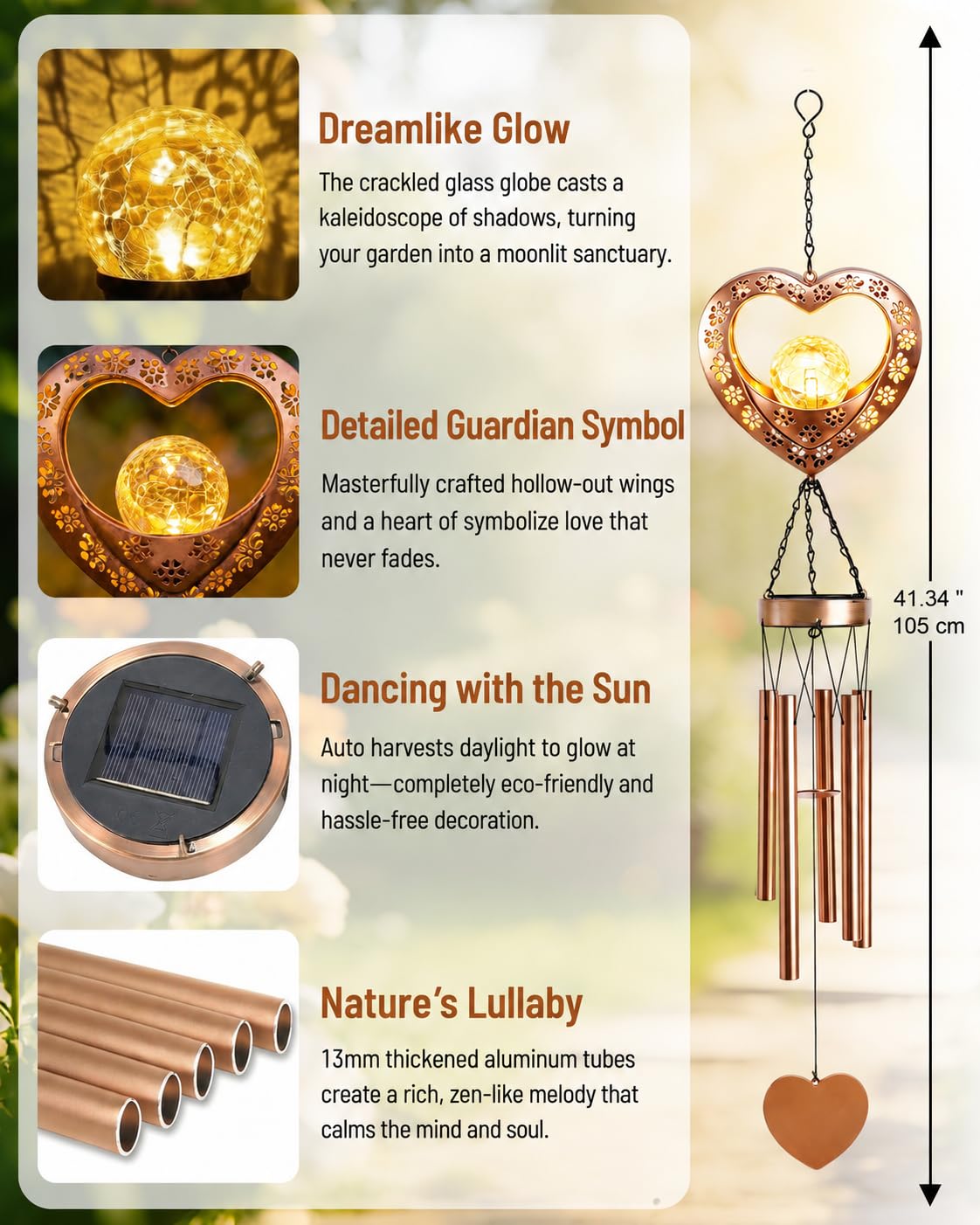 Nacome Solar Heart Wind Chimes for Outside: Weatherproof Metal Outdoor Decor Easy Hanging for Garden Patio Tree Window - Melodious Mother's Day Birthday Gifts for Mom Women Mom Grandma Her Wife