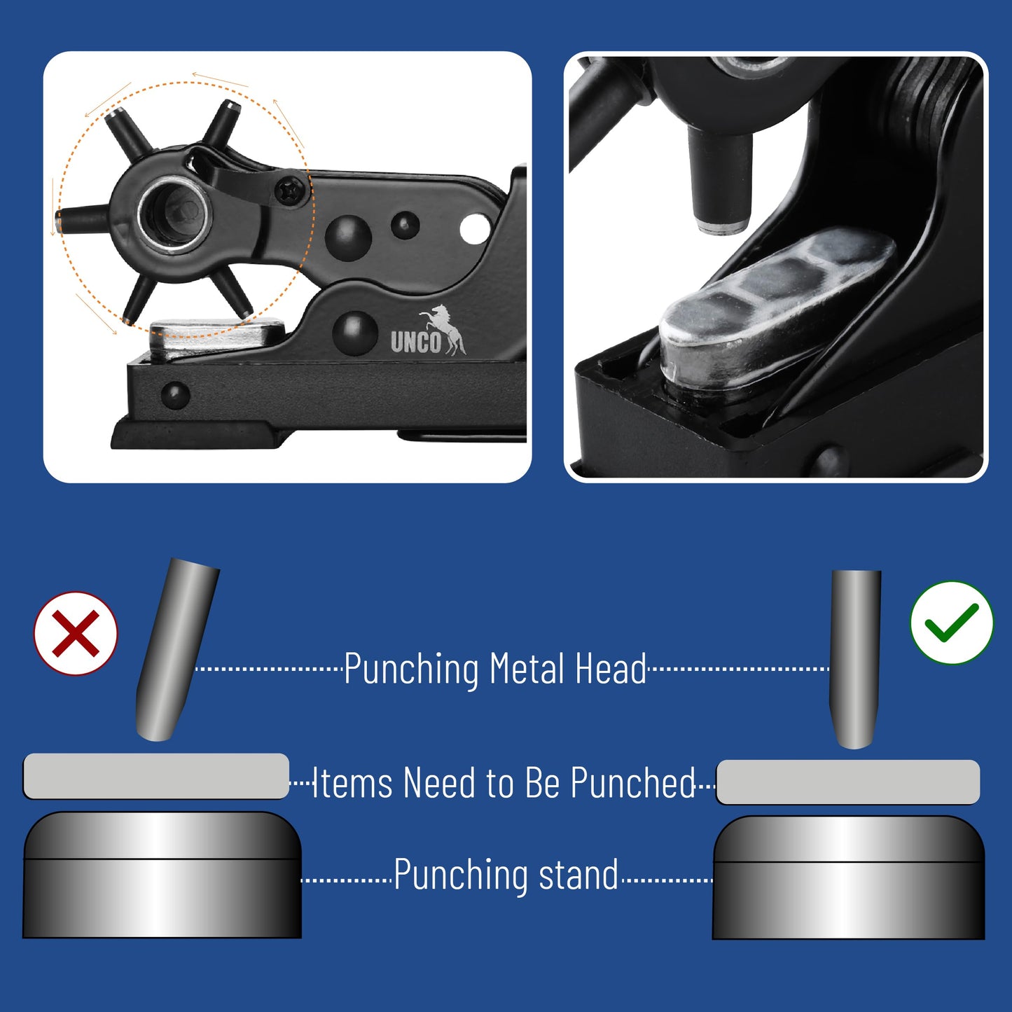 UNCO- Desktop Leather Hole Punch Tool, 6 Punch Sizes, Belt Hole Puncher for Leather, Dog Collars, Watch Straps, Footwear, Fashion Accessories and Crafting