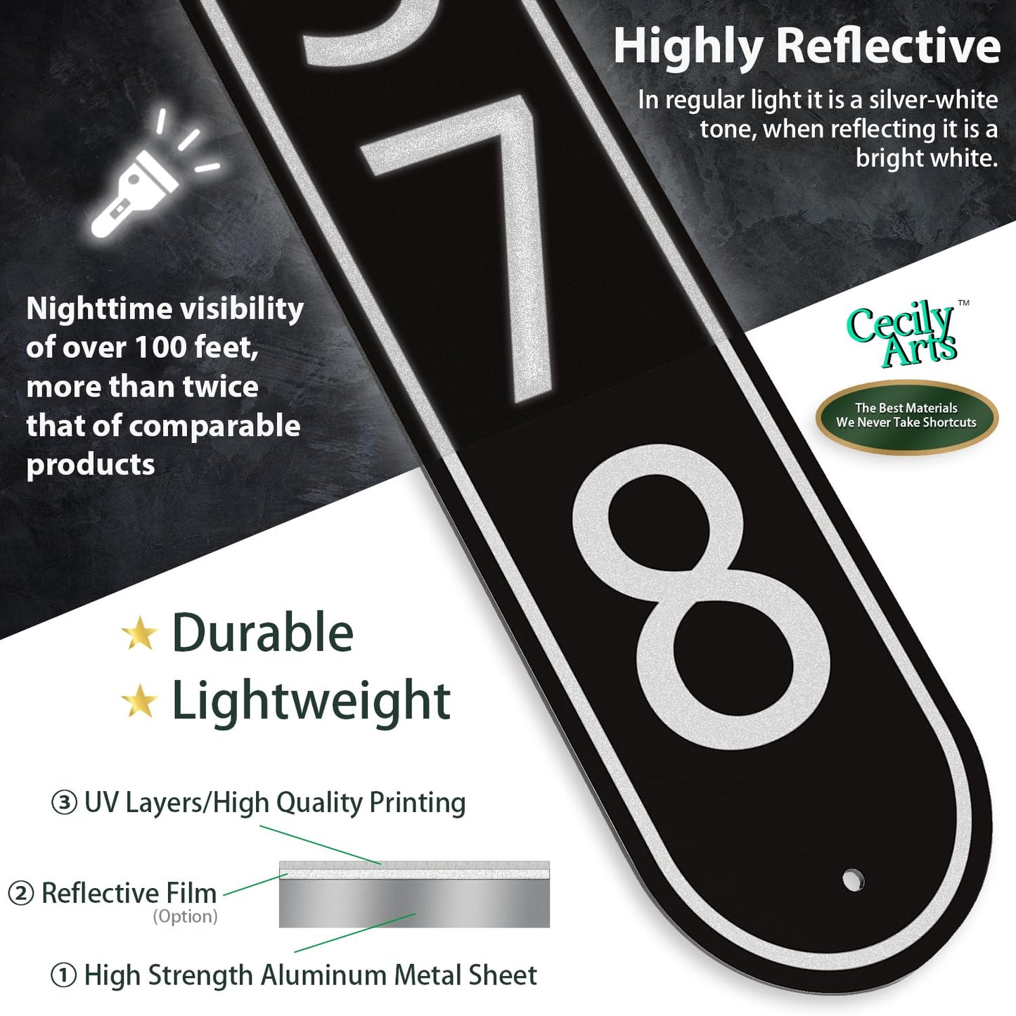 Custom Reflective Metal House Number for Outside (18" x 3.6") Address Plaque, House Address Sign - Mailbox Numbers for Outside, Personalized Sign for House, Vertical or Horizontal (NX01)