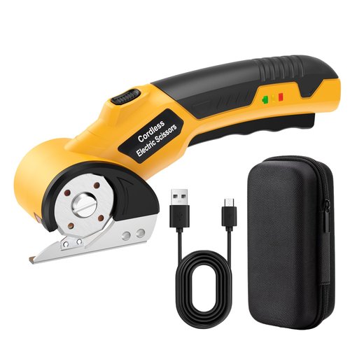 FATNSEAR Cordless Electric Scissors,4V Cardboard Cutter,Rechargeable Rotary Cutter for Cutting Cardboard,Leather,Packages,Plastic,with Safety Lock and Storage Box(Yellow)