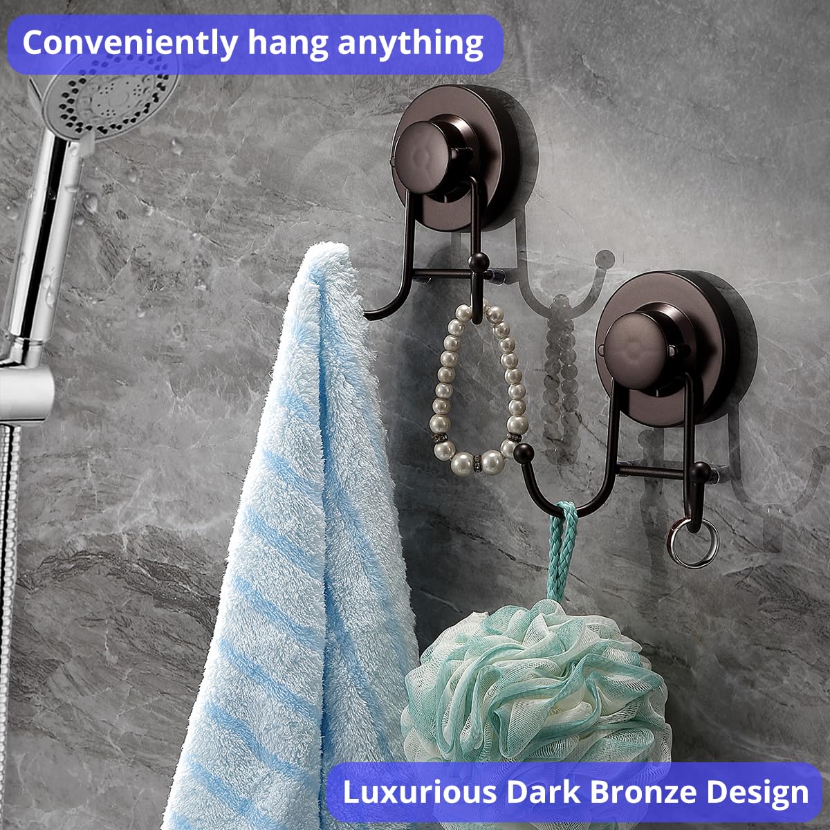 HOME SO Suction Cup Hooks for Shower & Bathroom Towel Holder 2-Pack – Suction Cups Hooks for Hanging Towels, Robes, & Coats - Tiles, Glass Door or Mirror – Shower and Towel Hooks - Bronze, Stainless