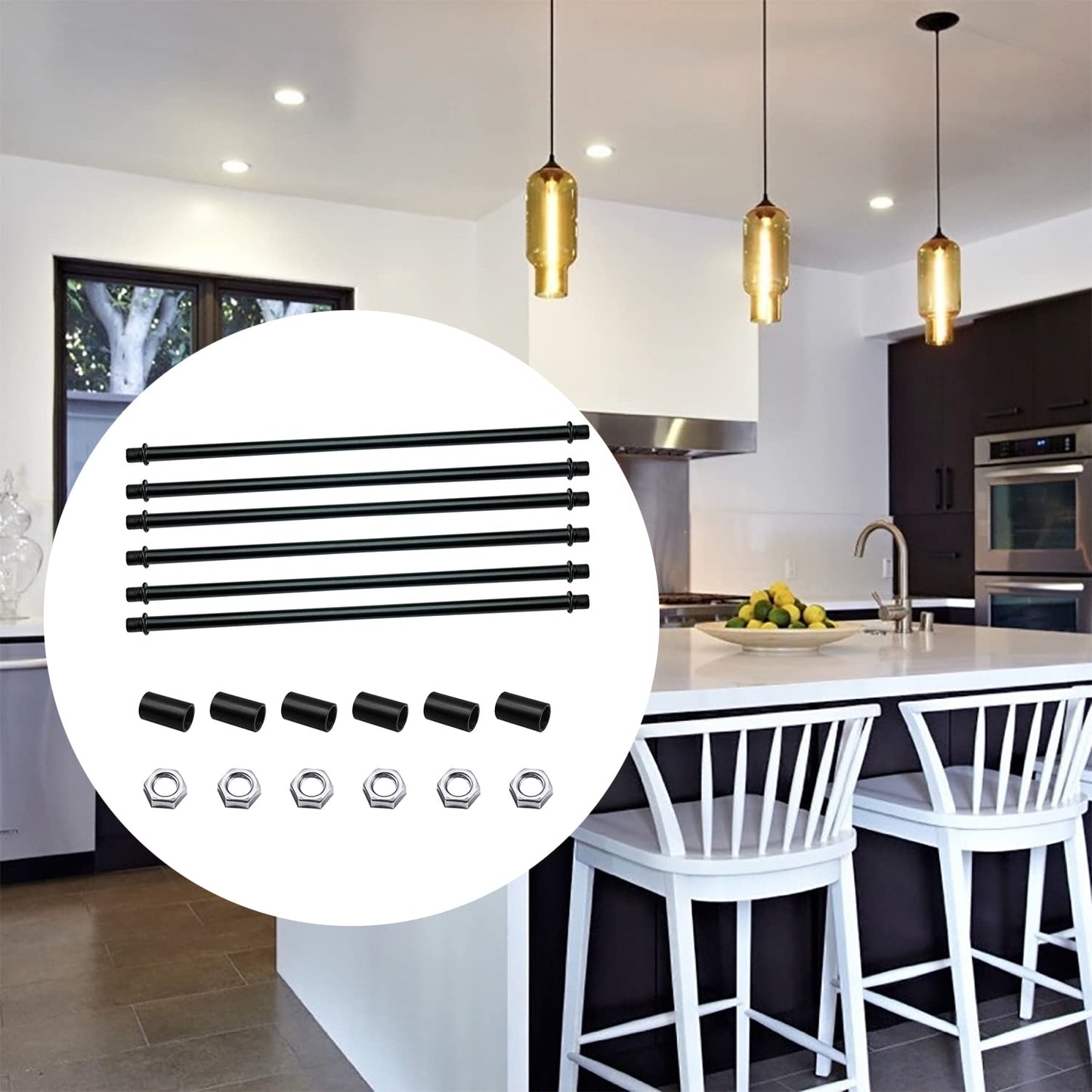 ECUDIS 1/8-IP Black Straight Pipe Lamp Rod Lamp Stems Kit with Coupling Lamp Repair Hardware 300mm Long (Pack of 6)