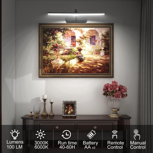 RAIFOOLLY Picture Light,3AA Battery Wall Lights,Wireless Art Lights for Paintings,Remote Control Accent Light with Timer and Dimmable for Frame,Portrait,Mirror-Black