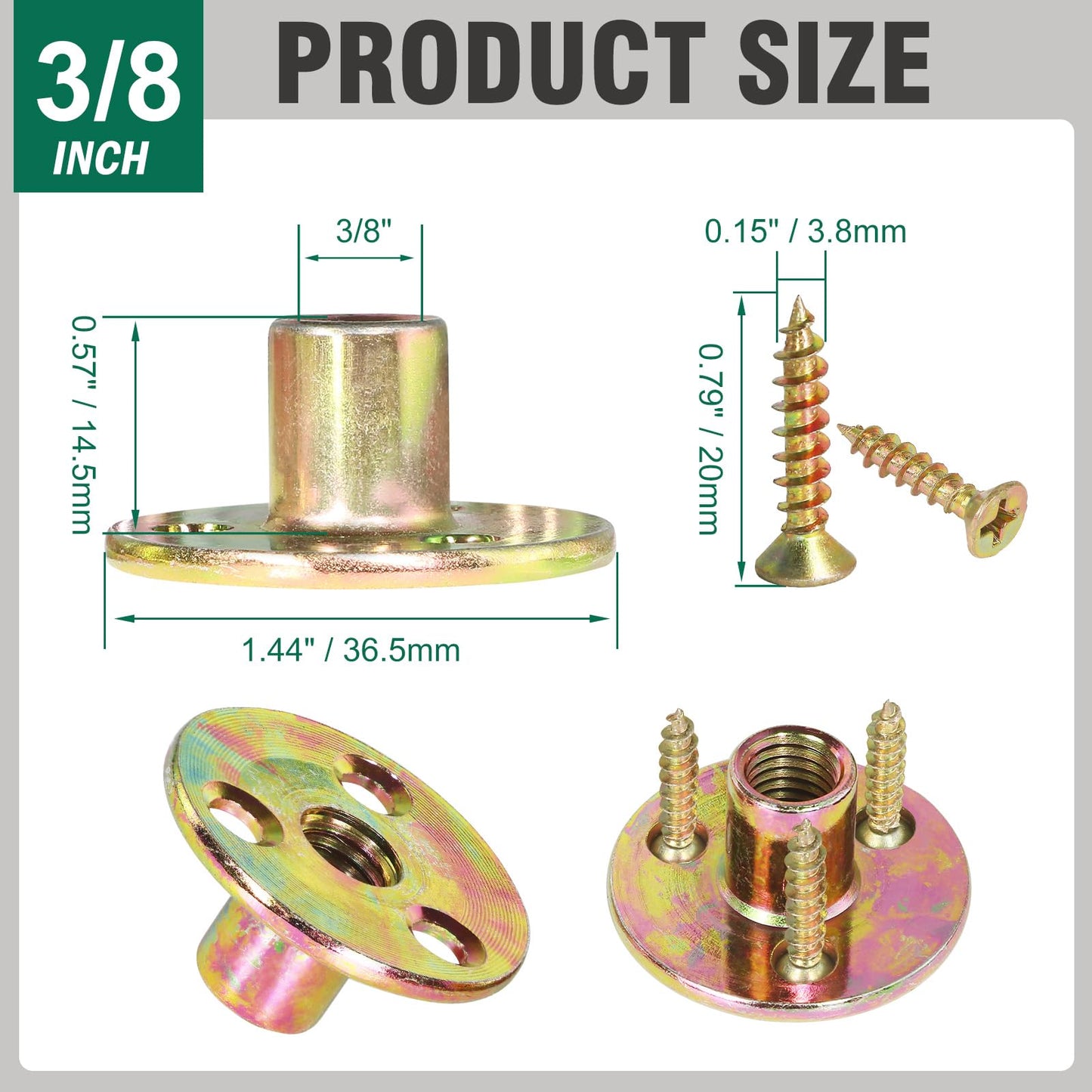 FoDau770 3/8"-16 Brad Hole T-Nut with Screws, Zinc Plated Carbon Steel 3-Hole T-Nuts, Insert Female Thread Mounting Fastener for Wood Furniture and DIY Project - 16 Set (64 Pieces)