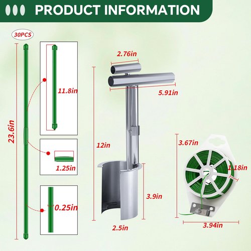 OuShuron Bulb Planter Tool,Stainless Steel Plant Seedling Transplanter,with 30 Plant Support and 164ft Twist Ties,Used for transplanting, Supporting, and Fixing seedlings