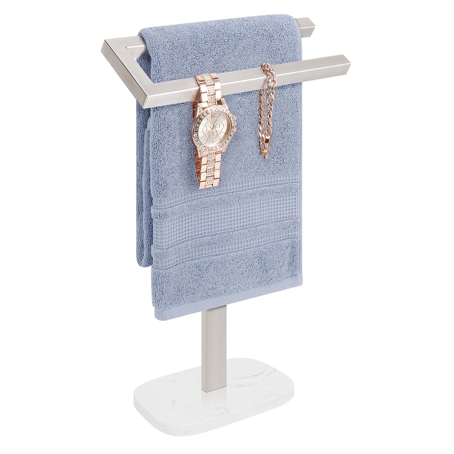 Livabber Standing Hand Towel Holder, 304 Stainless Steel Hand Towel Rack Stand with Heavy Marble Base, Bath Accessories, Towel Ring for Bathroom Kitchen Countertop, 14 Inch (Brushed Nickel)