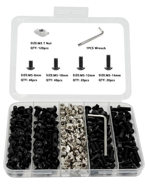 240 pcs M5 T Nut Screws Kit for 2020 2040 2080 Aluminum Extrusion, 120 pcs Black M5x8/10/12/14mm Hexagon Socket Screws and 120 pcs M5 Drop in T-Nuts with 1 pcs Hex Wrench