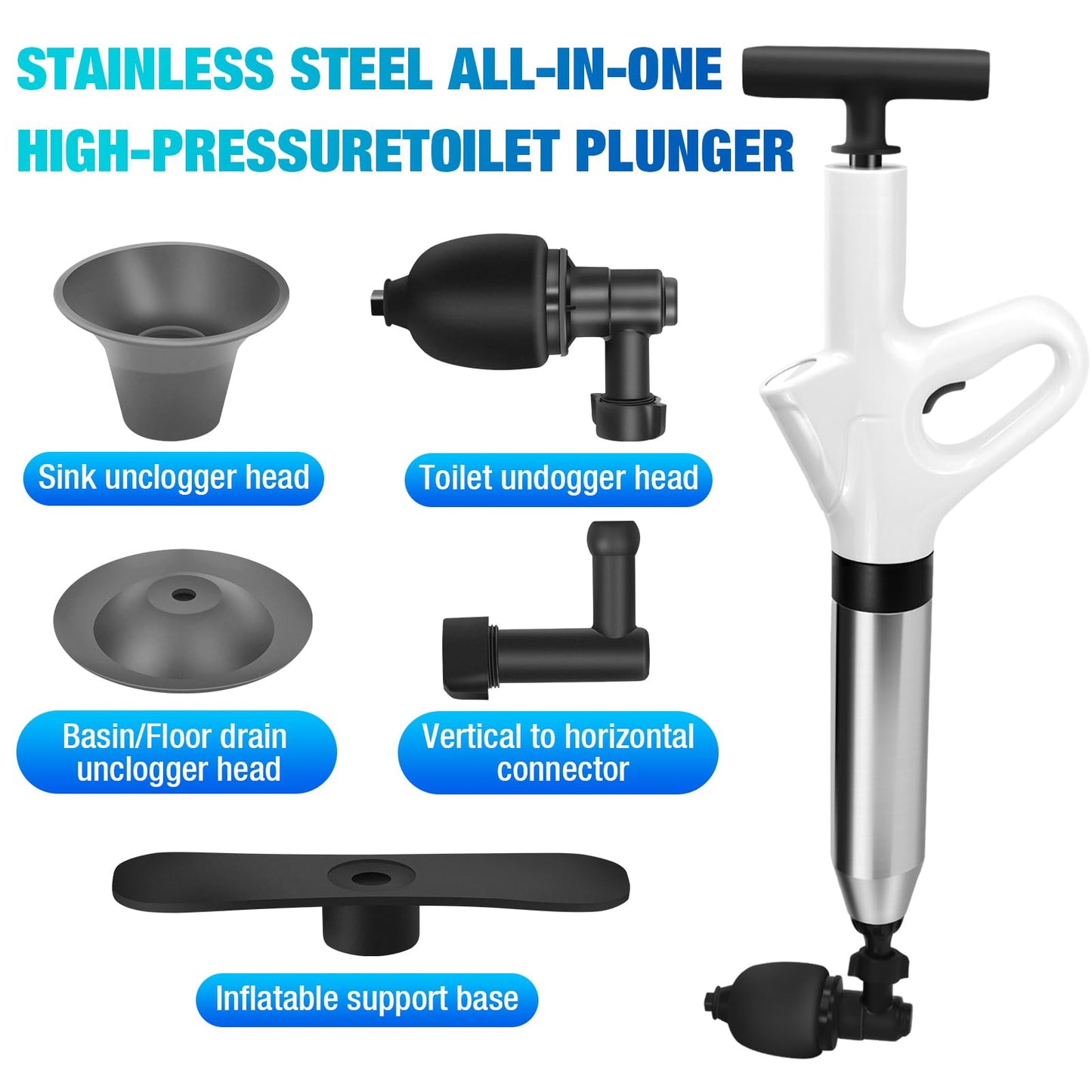 High Pressure Toilet Plunger, Air Drain Blaster Gun with Visual Barometer and Stainless Steel Plungers, Powerful Drain Clog Remover Tool for Sink, Toilet, Floor Drain - Heavy Duty Toilet Plungers