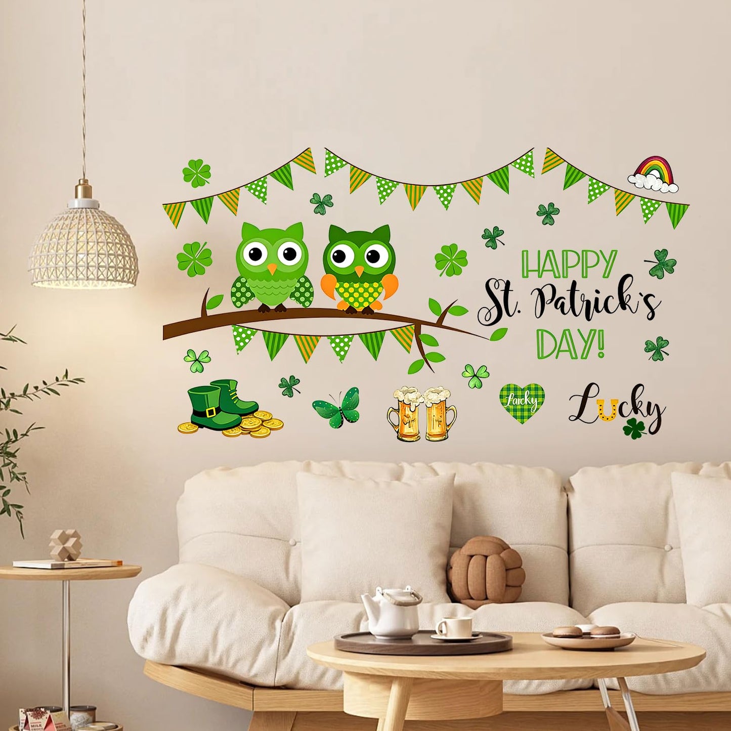 FOREVER QUEEN St. Patrick's Home Party Wall Decals -Shamrock Lucky Owl Stickers,Peel and Stick Removable Wall Art for Family Party Decor