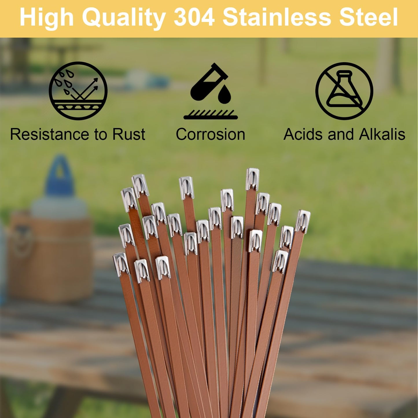 SCITOOLS Metal Zip Ties Brown 11.8-Inch 304 Stainless Steel Zip Ties Heavy Duty, 270LBS Tensile Strength, Wire Multifunctional Locking Exhaust Wrap Flexible Durable 30 PCS