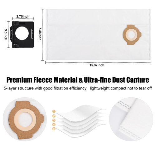 6 Pack 49-90-2016 Fleece Dust Bags Compatible with Milwaukee 0960-20 & 0970-20 Cordless Wet/Dry Packout Vacuums + 2 Pack Attachable Bag Holder （6 Bags 2 Holders)
