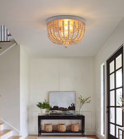 Q&S Boho Chandelier Wood Beaded Flush Mount Ceiling Light Fixtures for Nursery Baby Bedroom Kitchen Hallway,Oak White Finish,2-Lights