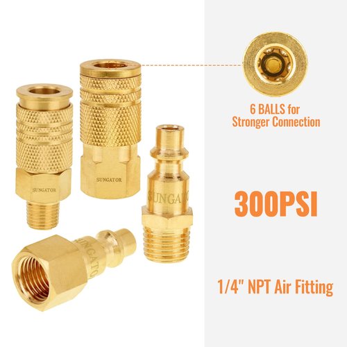 SUNGATOR Air Hose Fittings 1/4" NPT, 16-Piece Solid Brass Quick Connect Air Line Fittings, 1/4 Inch Compressor Accessories, Coupler and Plug Kit, 1/4'' Quick Connect Hose Repair Kit