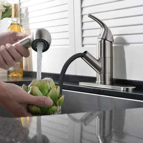 Ufaucet Stainless Steel Kitchen Faucet Brushed Nickel,Small Single Handle Pull Out Kitchen Sink Faucet with Sprayer,Single Hole Low Kitchen Faucets Grifo De Cocina