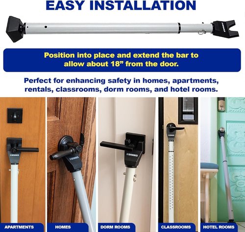 BRINKS Door Security Bar - Adjustable Brinks Door Security Bar for Travel, School, Dorm and Home - Door Jammer for Hinged Doors and Sliding Door Security – Silver - 2 Pack