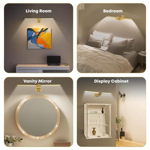 doublacy 2 Pack Picture Light for Wall, 18in Rechargeable Wall Art Light with Timer and Dimmable, Painting Frame Light with Remote Control Display for Painting, Frame, Portrait, Dartboard (Gold)