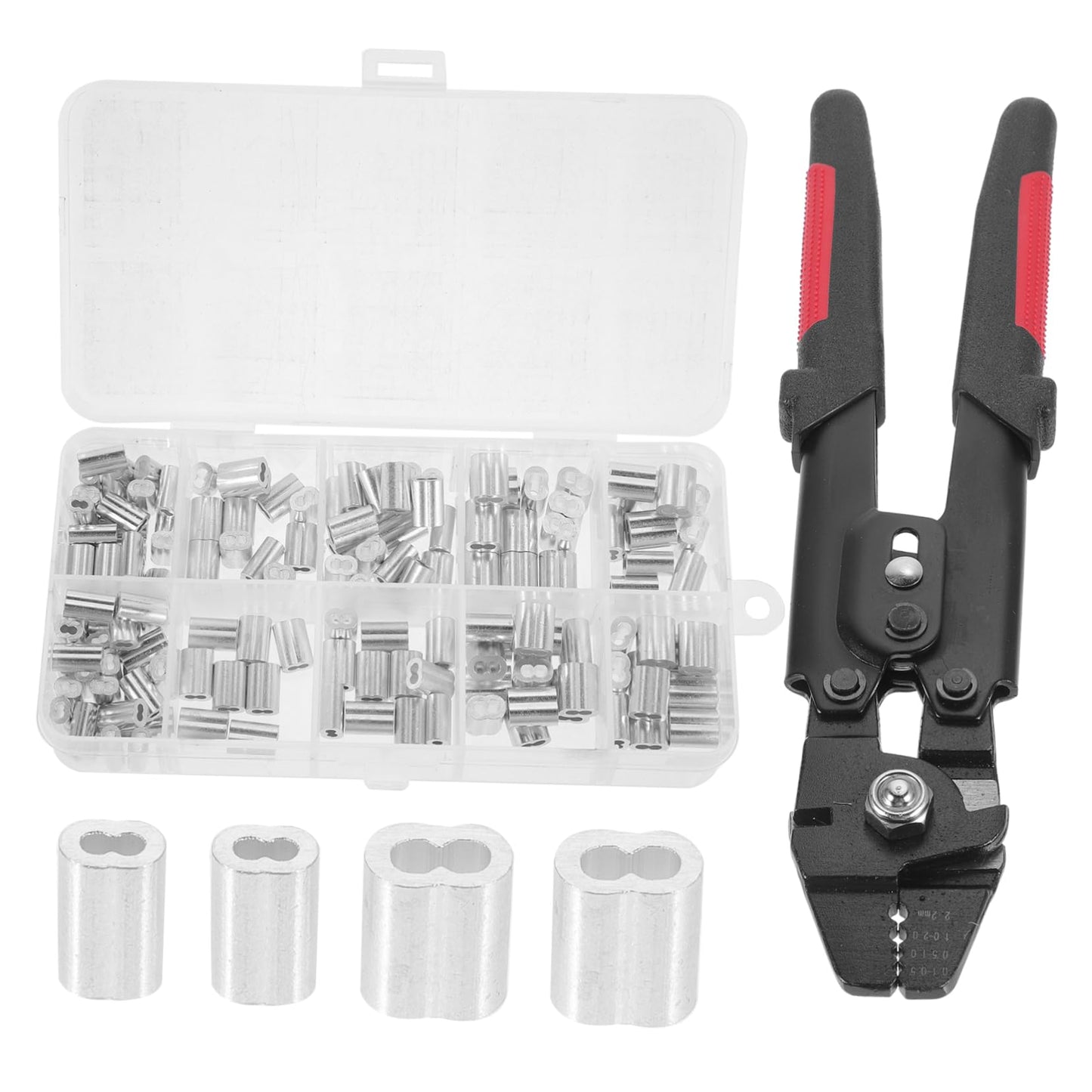 BELLIFFY 1 Set Ferrule Crimping Tool Kit with Wire Rope Cutter Non Slip Handle Self Locking Mechanism Ferrules for Fishing Outdoor and Projects