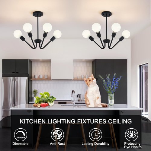 Black Chandelier 4 Light Semi Flush Mount Ceiling Light Black Dining Room Chandelier Kitchen Lighting Fixtures Ceiling Farmhouse Sputnik Light Fixtures Ceiling Mount for Bedroom Hallway E26 Socket