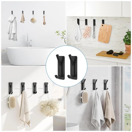 Black Command Hooks for Wall - 6 Pack Matte Black Curved Double Hooks, Multi-Use Hangers for Coats, Towels & Robes, No Damage Removable Organizers for Bathroom & Bedroom Doors