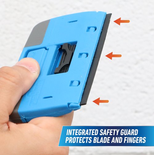 Unger Professional Compact 4” Window and Glass Scraper, Reversible Razor Blade Tool with Retractable Safety Guard, Use for Residue, Stickers, Glue, and Paint on Smooth Surfaces