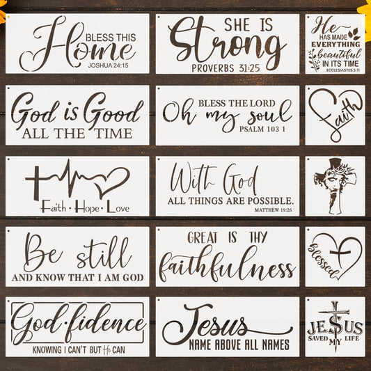 CZONG 15 Pieces Christian Inspirational Stencils Painting on Wood, Bible Sign Motivational Saying Faith God Fidence Be Still Reusable Painting Stencils DIY Farmhouse Wood Signs for Home Office Decor