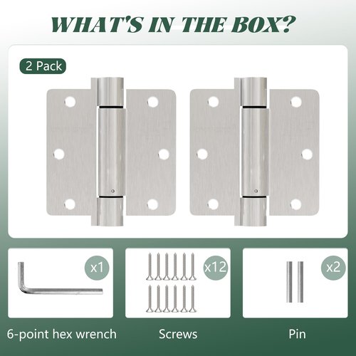 2 Pack Self Closing Door Hinges 3.5 inch Satin Nickel Door Hinges Spring Loaded Auto Close Hinges 1/4'' Radius Corners Adjustable Tension for Interior Door 3 1/2 Auto Self-Closing Hinge