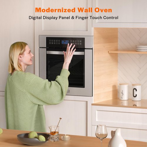 Empava 24 inch Electric Single 10 Cooking Funcitons, Stainless Steel Built-in Wall Convection Ovens with Screen Touch Control, 360° Rotisserie