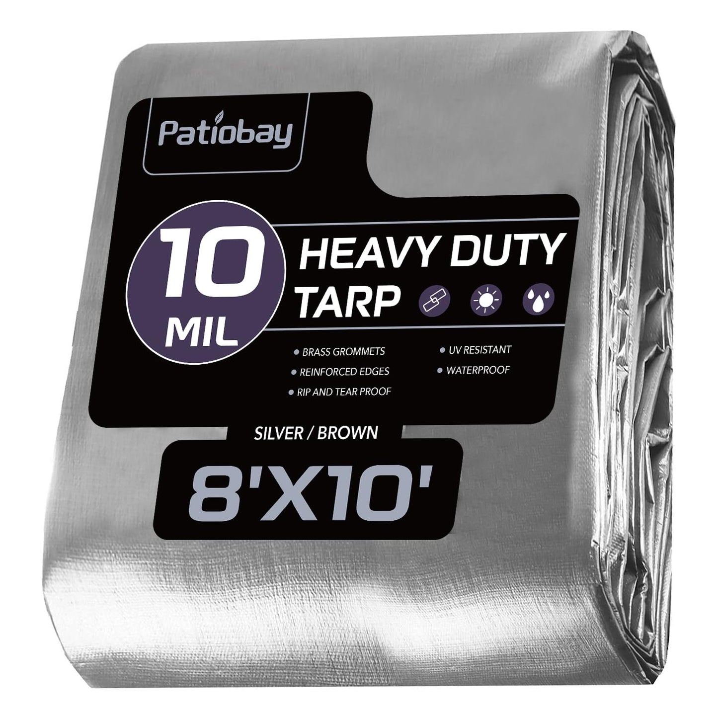 Patiobay Tarp 8x10 Feet, 10 Mil Waterproof Tarps Heavy Duty with Grommets Every 23.6", Thick Plastic Tarp, UV Resistant Tear&Fade Resistant, Reinforced Edges for Outdoor Pool Camp Tent