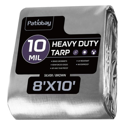 Patiobay Tarp 8x10 Feet, 10 Mil Waterproof Tarps Heavy Duty with Grommets Every 23.6", Thick Plastic Tarp, UV Resistant Tear&Fade Resistant, Reinforced Edges for Outdoor Pool Camp Tent
