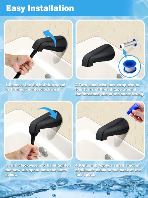 Universal Tub Spout with 5 in 1 Adapter, Bathtub Faucet Replacement Without Diverter, 5" Length, Fits 1/2", 3/4" IPS Thread for All Shower and Tub Faucet Brands (Black)
