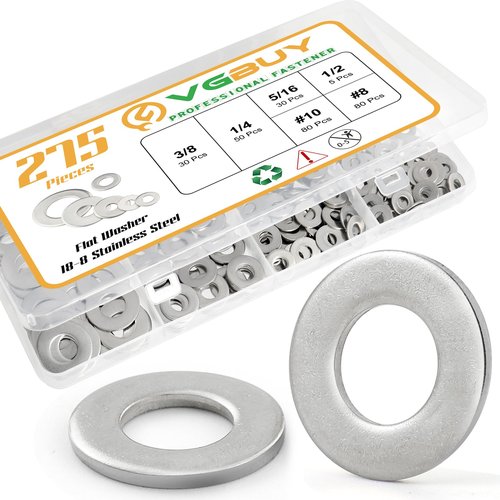 VGBUY 275PCS Washers Assortment Kit, Thickened 304 Stainless Steel Flat Washers for Screws, Asorted Metal Washers for Bolts, SAE Hardware Washers Set #8, 10, 1/4, 5/16, 3/8, 1/2