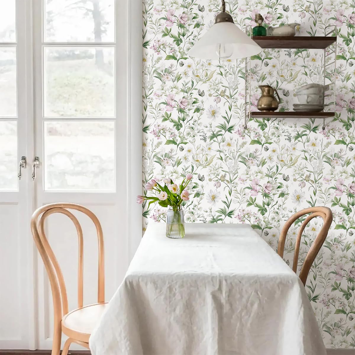 Livebor Floral Peel and Stick Wallpaper Floral Boho Contact Paper 16.9" x 118.1" Green Leaf Flower Wallpaper Peel and Stick Butterfly Botanical Self Adhesive Wall Paper for Bathroom Cabinets Vinyl